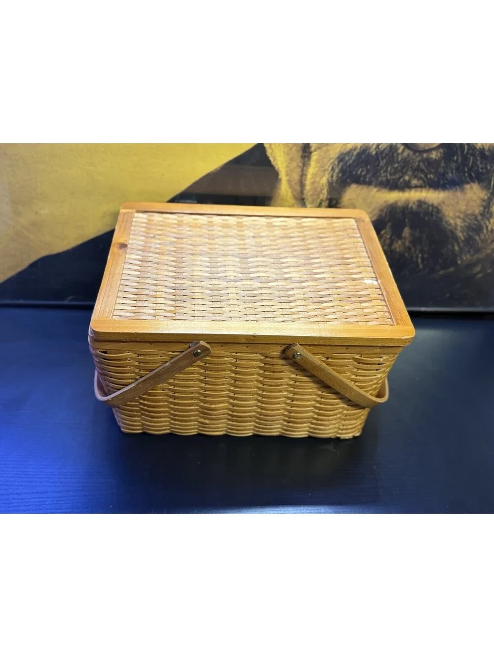 Vintage Woven Wood Picnic Basket Hinged Lid Dual Handles 15x11x9